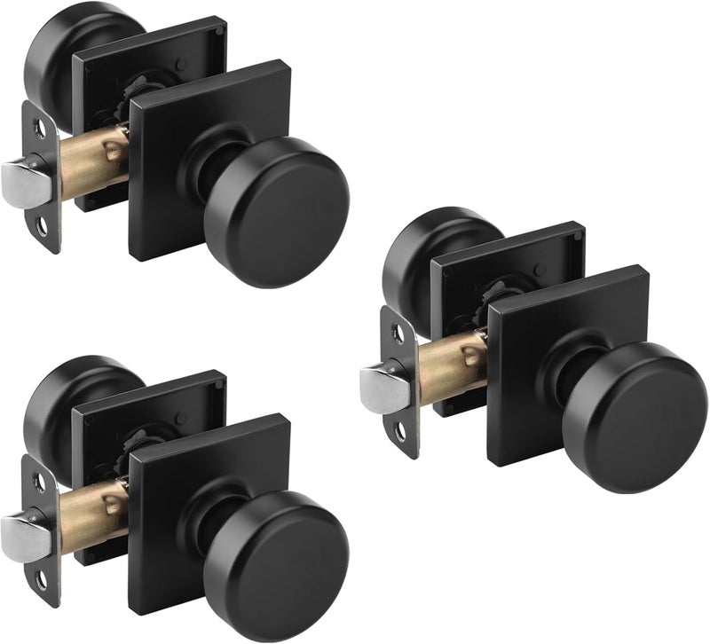 NCSEN 3 Pack Black Interior Door Knobs for Hall & Closet, Pismo Doorknob with Square Rosette, Heavy Duty Passage Door Handle - Image 1